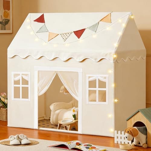 Tiny Land Play Tent with Padded Mat & LED Lights, Kids Tent, Playhouse for Kids, Indoor Bed Tent for Toddler, Toys for 3,4,5,6-Year-Old Girls, Neutral Color Play Room Furniture - Image 1