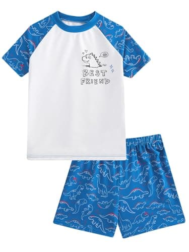 JiAmy Boys Two Piece Rash Guard Swim Set Short Sleeve Dinosaur Bathing Suit Quick Dry Swimwear for Kids Blue 9-10Y - Image 1