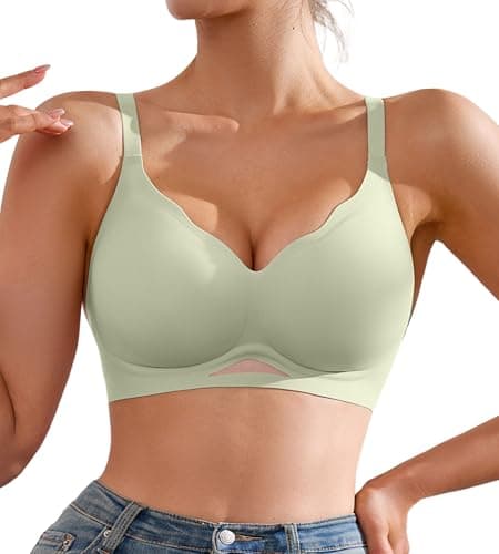DEANGELMON Scalloped V Neck Wireless Bras for Women Seamless No Underwire Full Coverage Push Up Bras Soft Comfort Bralettes(Green,S) - Image 1