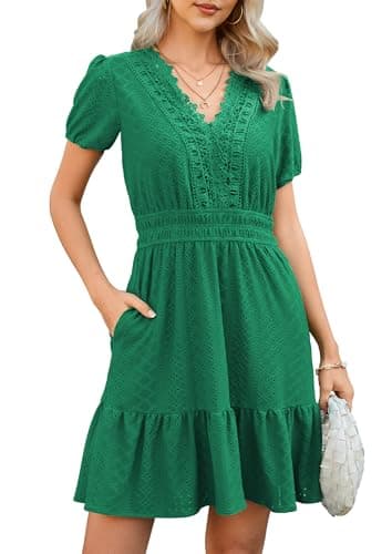 ECOWISH Summer Dresses for Women 2026 Lace Hollow Out V Neck Short Sleeve Ruffle Casual Beach Vacation A-Line Mini Dress Green Large - Image 1