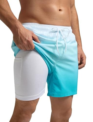 SILKWORLD Mens Swim Trunks with Compression Liner 5 Inch Inseam Swimming Trunk Quick Dry Bathing Suit Zipper Pockets Swim Shorts Swimwear Swimsuit, White Blue Gradient, X-Large - Image 1