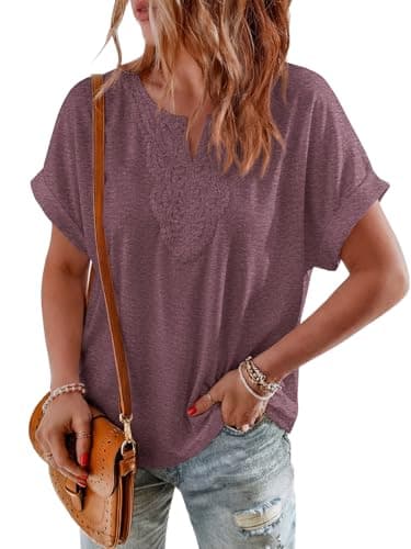 PRETTYGARDEN Short Sleeve Tops for Women Trendy Summer Lace Front V Neck Casual Shirts Women Boho Classy Going Out Top (Grey Purple, Small) - Image 1