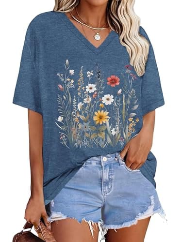 Womens Oversized Tee Shirts V Neck Flower Graphic Vintage Tshirts Casual Loose Fitting Short Sleeve Tops,Navy Flower,Medium - Image 1