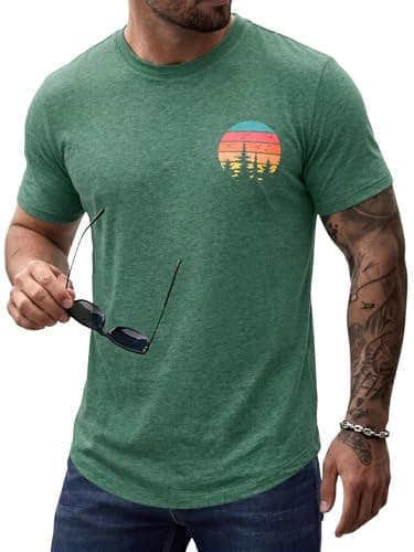 Comdecevis Mens Sunset Graphic Crewneck T-Shirt Lightweight Quick Dry Athletic Muscle Tees for Gym Workout,Green, XL - Image 1