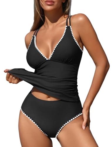 ZAFUL Tankini Swimsuits for Women Tummy Control V Neck Push Up Swim Top Color Block Tummy Control High Waisted Swim Bottom Cheeky Bathing Suits for Women (Black XX-Large) - Image 1