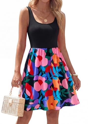 KIRUNDO Summer Dresses for Women 2026 Sleeveless Boho Floral Mini Dress Tank A Line Flowy Beach Vacation Resort Wear Sundress(Floral Black Multicolored, XX-Large) - Image 1