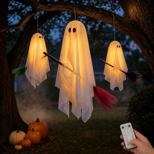 Halloween Decorations Outdoor, 3 Pack Hanging Ghosts on Brooms with Built-in Warm Lights, Flying Ghost Family Decor, Floating Gauze Ghost for Tree, Porch, Yard, Patio, Indoor Halloween Decorations - Image 1