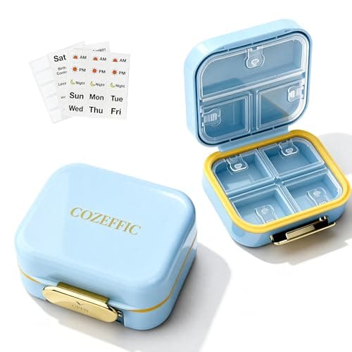 Small Pill Case Travel Pill Organizer - Moisture-Proof 7 Compartments Daily Pill Box for Purse, Pocket & Gym Bag, Secure Double Lock Medicine Vitamin Container for Supplements/Fish Oil - Sky Blue