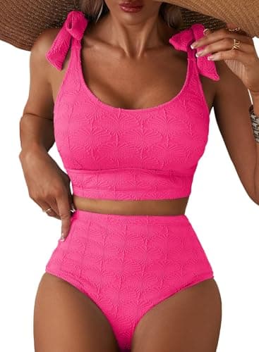 Herseas Women's 2 Piece Bikini Sets Seashell Textured Tie Straps Adjustable 2026 Summer Swim Suit High Waisted Tummy Control Push Up Padded Bathing Suits Casual Resort Outfits Rose Red X-Large - Image 1