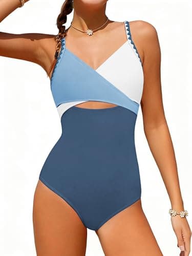 AMAWMW Kids Girls One Piece Swimsuits Contrast Color Cross Bathing Suit Adjustable Straps Girls Swimwear Blue 9-10Y