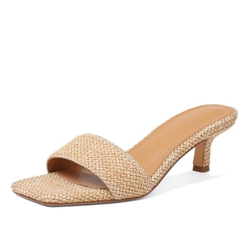 Ancomafio Kitten Heel Sandals Raffia Low Heels 2 Inch Square Open Toe Sandals for Women Slip on Summer Vacation Casual Shoes Brown Size 8.5 - Image 1