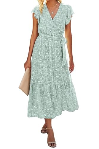 BTFBM Women Summer Bohemian Floral Casual Wrap V Neck Ruffle Cap Sleeveless Belt A-Line Pleated Hem Swing Midi Sun Dress (Light Green, XX-Large) - Image 1