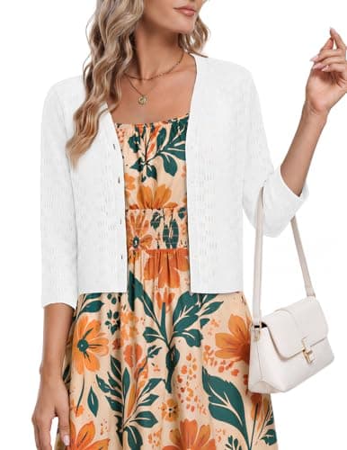 Jouica White Cardigan for Women Crochet Lightweight 3/4 Sleeve Button Front Hollow-Out Shrug Cropped Elegant Cover Up - Image 1