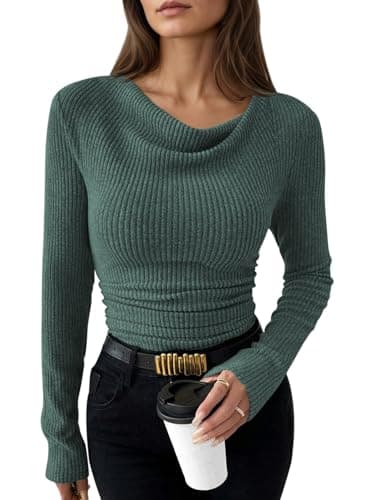 Pink Queen Women's Fall Top Ruched Shirts Stretchy Long Sleeve Basic Fitted Going Out Tops Blackish Green XL - Image 1