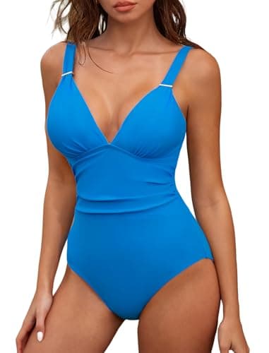 ZAFUL Womens Sexy V Neck One Piece Swimsuit Ruched Tummy Control Bathing Suit Backless Slimming Monokini (Blue,Large) - Image 1