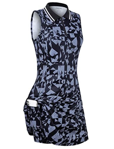 FREEYE Golf Dresses with Shorts&Pockets Women, Zip V-Neck Tennis Dresses Athletic Summer Workout Sport Exercise Casual Tank T-Shirts Dresses Top Tee Running Quick Dry Clothes Black&Grey Small - Image 1