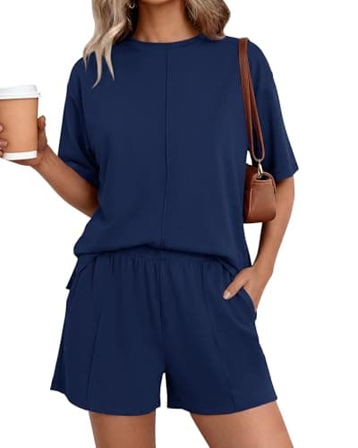 BTFBM Casual 2 Piece Sets For Women Summer 2026 Short Sleeve Tops Shorts Spring Lounge Matching Workout Airport Outfits(Navy Blue,Medium) - Image 1