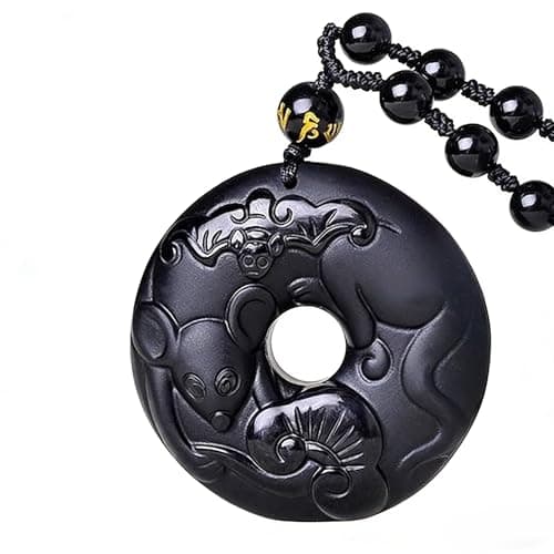 FUDIDU Rat Circle Pendant Necklace Natural Obsidian Black Adjustable Beads Necklaces Zodiac Pendant Necklace for Men Women, Adjustable Healing Crystal Carved Animal Amulet, Spiritual Protection Good Luck Talisman Jewelry - Image 1