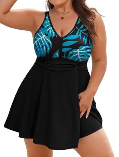 Arolina 2 Piece Swimsuit for Women Tummy Control Bathing Suits Full Coverage Classic Tankini with Shorts Fluorescent Leaves 26W - Image 1