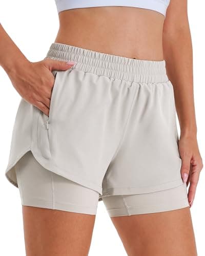 Stelle Women 2 in 1 Running Shorts High Waisted Athletic Shorts Gym Workout Shorts with Liner Zipper Pockets (Sandy Grey, XS) - Image 1