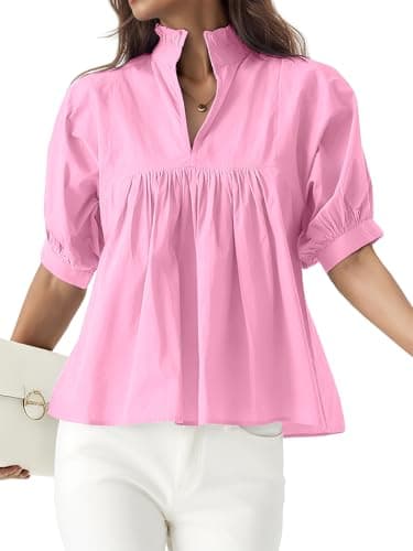 YIGAMA Womens Cotton Puff Sleeve Blouse V-Neck Pleated Peplum Babydoll Dressy Casual Shirts Pink - Image 1