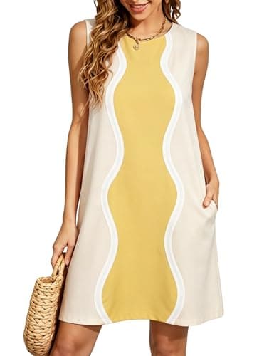 WEQULE Womens Casual Crewneck Sleeveless Shift Summer Dress Color Block A line Mini Dress Lightweight Beach Sundress(Yellow-M) - Image 1