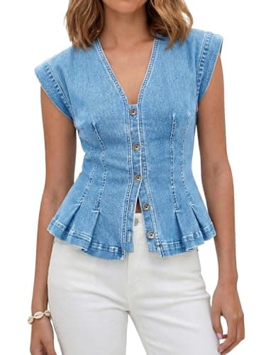 Tankaneo Womens V Neck Denim Vests Tops Trendy Summer Casual Button Down Y2k Fitted Pleated Sleeveless Jean Tops - Image 1