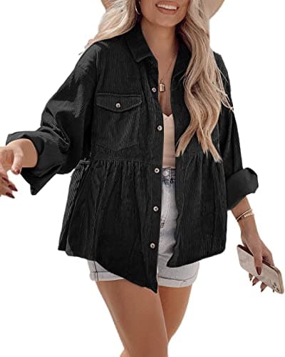 Tutorutor Womens Corduroy Shirts Casual Long Sleeve Button Down Blouses Tunic Babydoll Dress Loose Pocket Jacket Shackets Black - Image 1