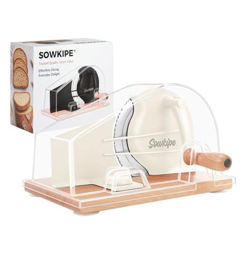 SOWKIPE Upgraded Manual Bread Slicer for Homemade Sourdough Bread, Adjustable Thickness Hand Crank Bread Cutter with Metal Guide, Scale Line, Even Slices, Suction Cups, Cover (Cream) - Image 1