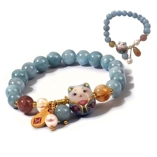 RITIM Lucky Cat Bracelet for Women, Maneki Neko Charm Bracelet with Blue Crystal & Ceramic Cat Pendant, Adjustable Feng Shui Good Luck Jewelry Gift for Her - Image 1