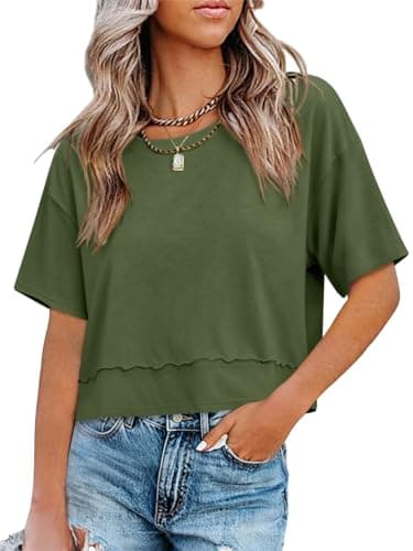 UNCLECAT Womens Short Sleeve Cropped T Shirts Crew Neck Trendy Tops Casual Solid Loose Fit Basic Tees Army Green - Image 1