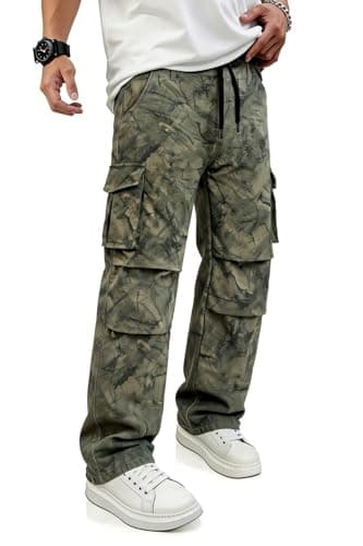 GINGTTO Camo Pants Men Baggy Cargo Green Camo Pant Wide Leg Fashion Streetwear Drawstring Stretch 32