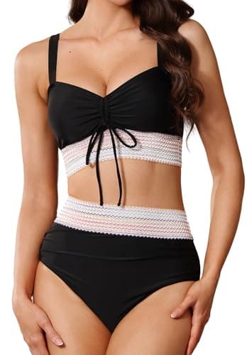 Pleneal Womens High Waisted Bikini Sets Two Piece Drawstring Swimsuits Color Block Tummy Control Bathing Suit - Image 1