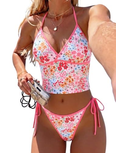 ZAFUL V Neck Crop Tankini Swimsuits for Women Sexy Y2K Halter Two Piece Bathing Suit with Cheeky Bikini Bottom,Floral3,S - Image 1