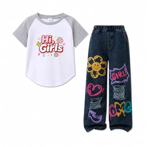 Zylvae Girls 2 Piece Outfit Set - Short Sleeve Color Block Tee & Denim Wide Leg Pants, American Style Letter Print, Soft Cotton Top, Cute Casual Jeans for Girls 9-10 Years - Image 1