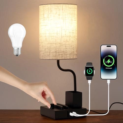 EOEYYOYB Vintage Table Lamps, Stepless Dimmable with AC Outlet, USB A & C Charging Port, Multifunctional Base Bedside Lamps for Living Room, Bedroom, Office Reading, Black