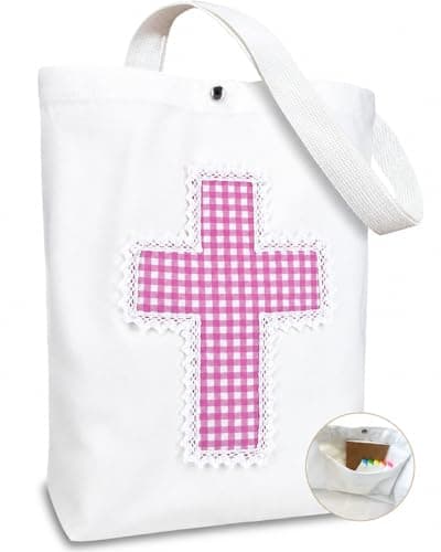 sasonvale Christian Tote Bag for Women, Bible Bags with Handcrafted Cross & Lace, 12oz Canvas Religious Church Bag with Pocket & Snap Closure, Spacious Gift for Church & Baptism (White-Pink Gingham) - Image 1