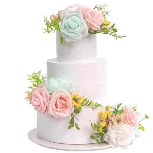 TINGE TIME 3Pcs Pre-made Cake Toppers,Silk Artificial Flowers Decor,Cake Decorations for Weddings, Birthdays, Party,Baby Shower,Celebration (Mint Green and Pink)