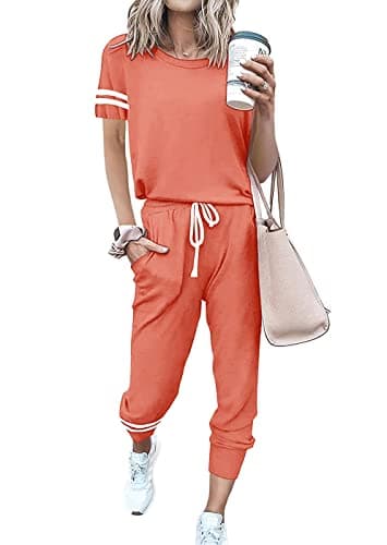 PRETTYGARDEN Women Summer Two Piece Outfits Striped Short Sleeve Pullover and Long Pants Tracksuit Travel Pajama Lounge Set (Shrimp Pink,X-Large) - Image 1