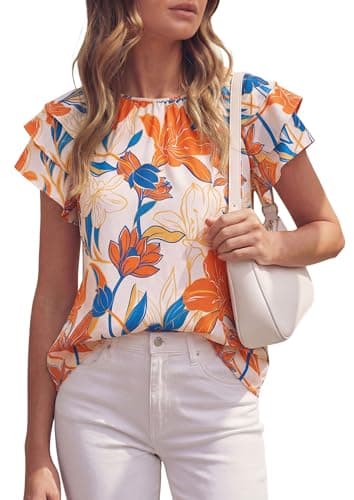 PRETTYGARDEN Boho Floral Tops for Women Summer Blouses Dressy Casual 2026 Spring Beach Vacation Ruffle Short Sleeve Shirts (White Orange Red Floral,Small) - Image 1