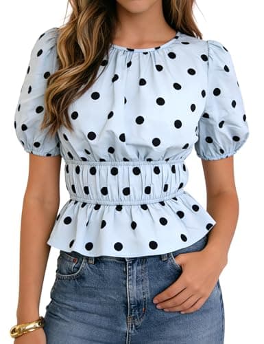 POTILI Women's Puff Sleeve Polka Dot Peplum Top Crew Neck Smocked Waist Casual Short Sleeve Blouse Shirt Sky Blue - Image 1