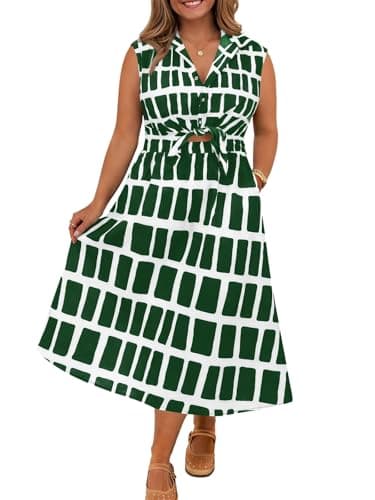 Beautife Summer Plus Size Dresses for Curvy Women Boho Printed Cocktail Midi Dresses V Neck Sleeveless with Pocket Green - Image 1