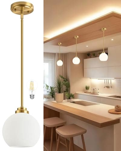 Majade Globe Pendant Lights Mid Century Modern Kitchen Island Pendant Light Fixtures 7.4 Inch Gold Brass Pendant Lighting with Milk Glass Adjustable Hanging Light Fixtures for Dining Room Living Room - Image 1