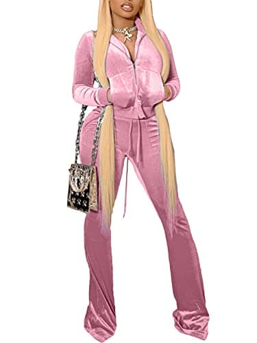 Women Sexy Velvet 2Pcs Set Long Sleeve Zip Up Crop Top Skinny Drawstring Palazzo Pants Outfits Pink M - Image 1