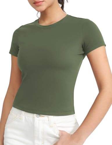 THE GYM PEOPLE Women's Workout Crop Tops Short Sleeve Slim Fit Soft BreathableSummer Yoga Running Casual Basic Tee Shirts Olive Green - Image 1