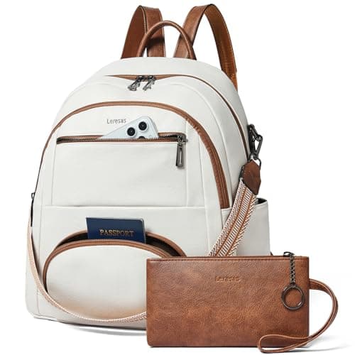 Leresas 35L Backpack Purse for Women Men Vegan Leather Backpack College Teacher Computer Business Work Bag Fashion Travel Backpack Beige - Image 1