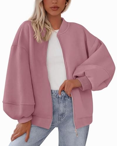 KIRUNDO Oversized Sweatshirt for Women Zip Up Bomber Jacket 2026 Fall Fashion Casual Long Sleeve Outerwear Winter Outfits(Pink, Small) - Image 1