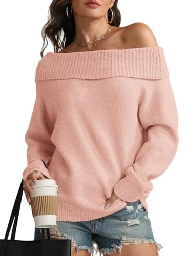 ATHMILE Pink Off the Shoulder Sweater Womens Oversized Spring Tops Batwing Sleeve Loose Pullover Fall Winter Outfits - Image 1