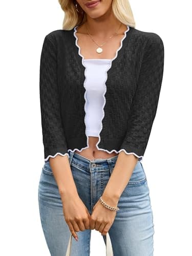 Biodeer Women's 3/4 Sleeve Cropped Cardigan Scalloped V Neck Open Front Lightweight Shrug Knit Hollow Out Crop Top Sweater Black - Image 1