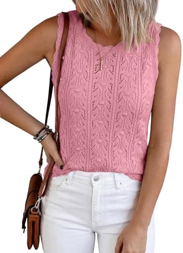 BTFBM Crochet Tank Tops for Women Hollow Out Sleeveless Loose Sweater Vest Top Summer Spring 2026 Beach Vacation Clothes(Pink, Large) - Image 1